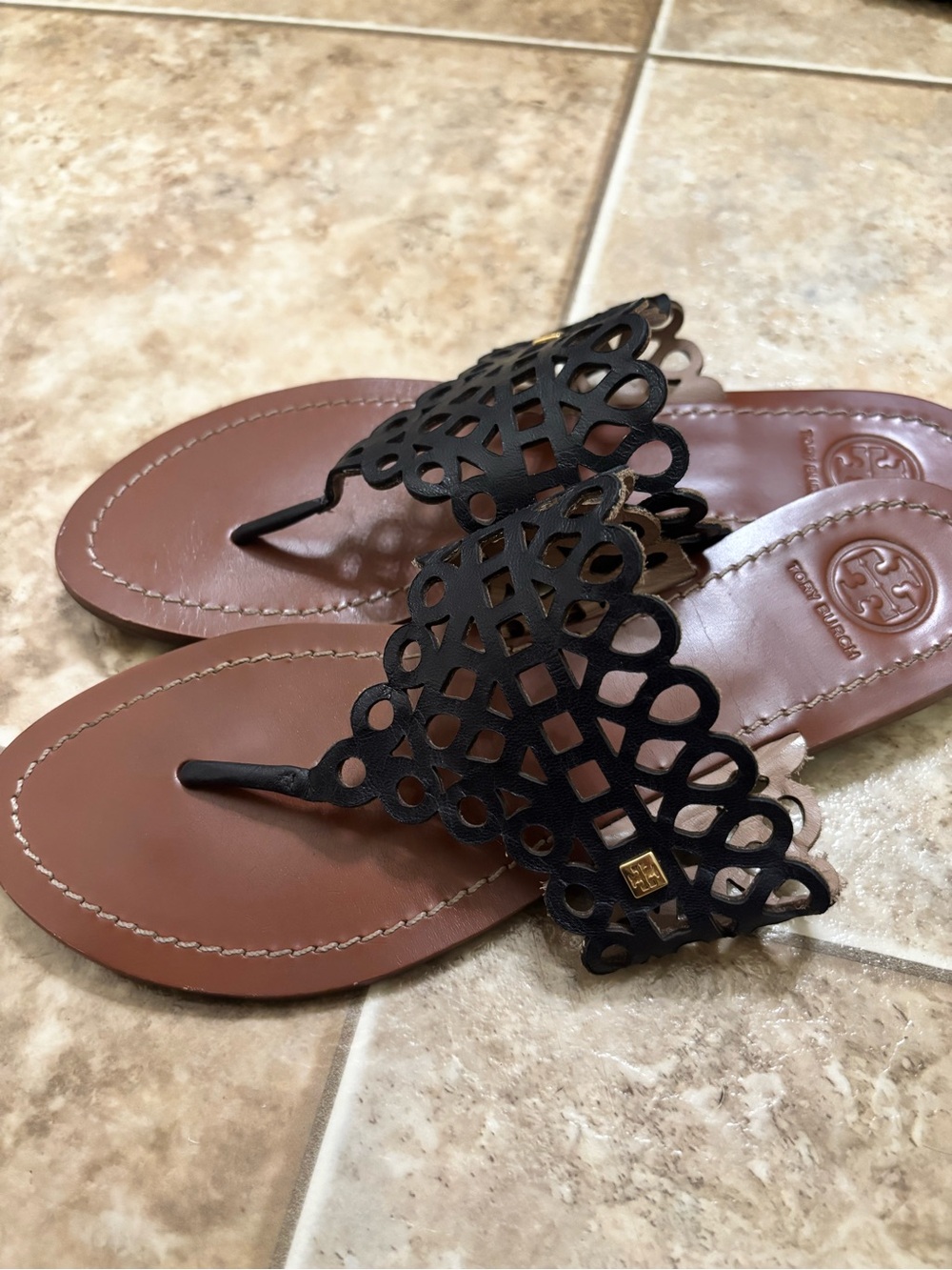 Tory Burch Black Laser-Cut Leather Thong Sandals with Brown Footbed